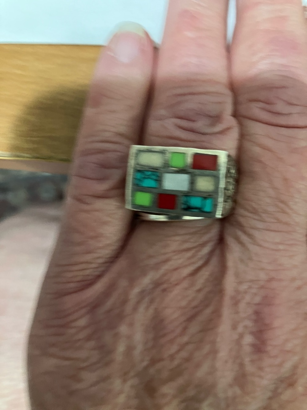 Sterling Silver Multicolor Inlay Wide Band Ring - Blue Green Pink Cream - Picture 2 of 9